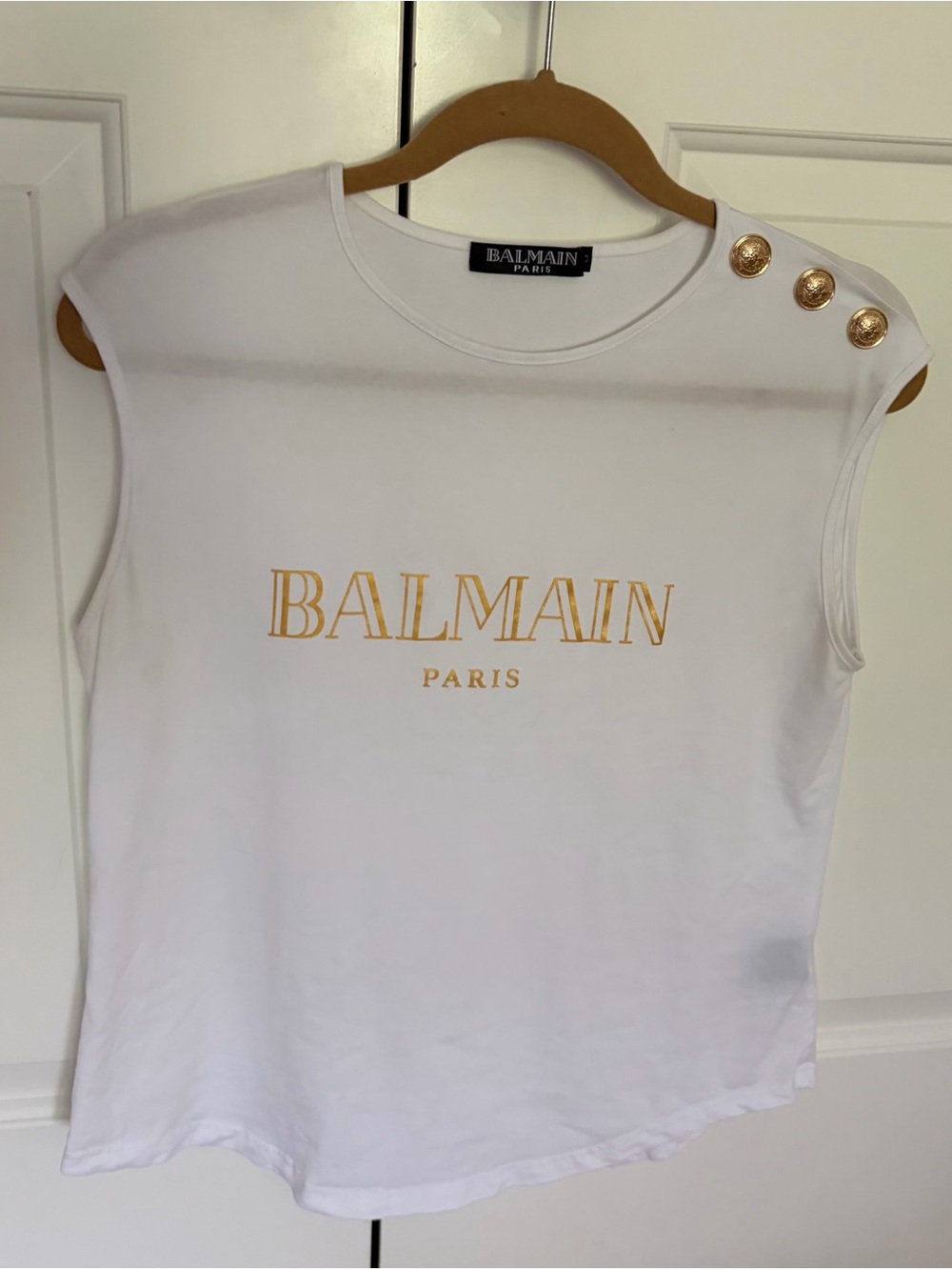 Balmain White Tank Top with Gold Logo and Buttons - Picture 5 of 5